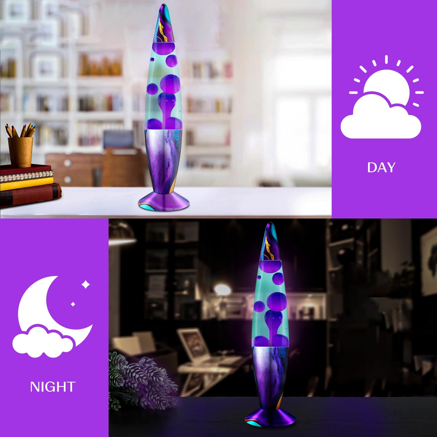 JAMBO 16" Beautiful Lamp- Teal with Purple Wax- Relaxing Liquid Light, Night Light Nightlight, Retro Home Decor Light, Living Room Office Bedroom Lamp for Adults Teens Kids, Magma Motion