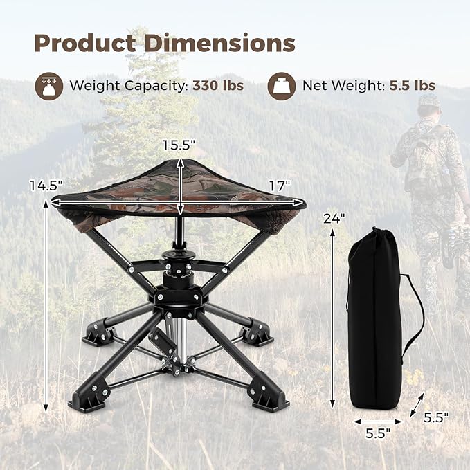 GYMAX 360° Swivel Camping Stool, Portable Folding Stool Seat with Carry Bag, Collapsible & Lightweight for Outdoor Fishing Backpacking Hunting Hiking Travel