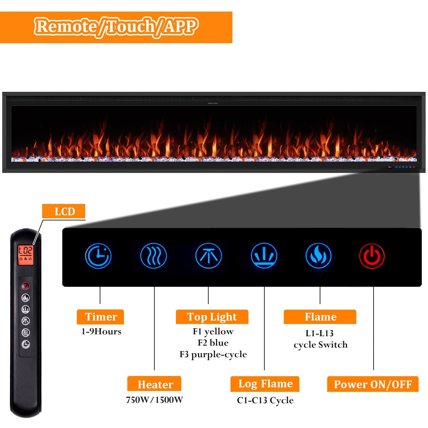 Benrocks 74'' Slim Electric Fireplace Inserts - WiFi-Enabled, Alexa & App Control, Recessed & Wall Mounted, 13 * 13 * 3 Flame Color Combinations, 750W/1500W, Black
