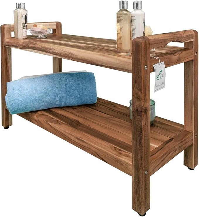 EcoDecors Eleganto 34 Inch Natural Color Waterproof Teak Wood Shower Bench Stool Seat Chair For Inside Shower Provides Safety, Storage, and Organization For Bathroom Accessories