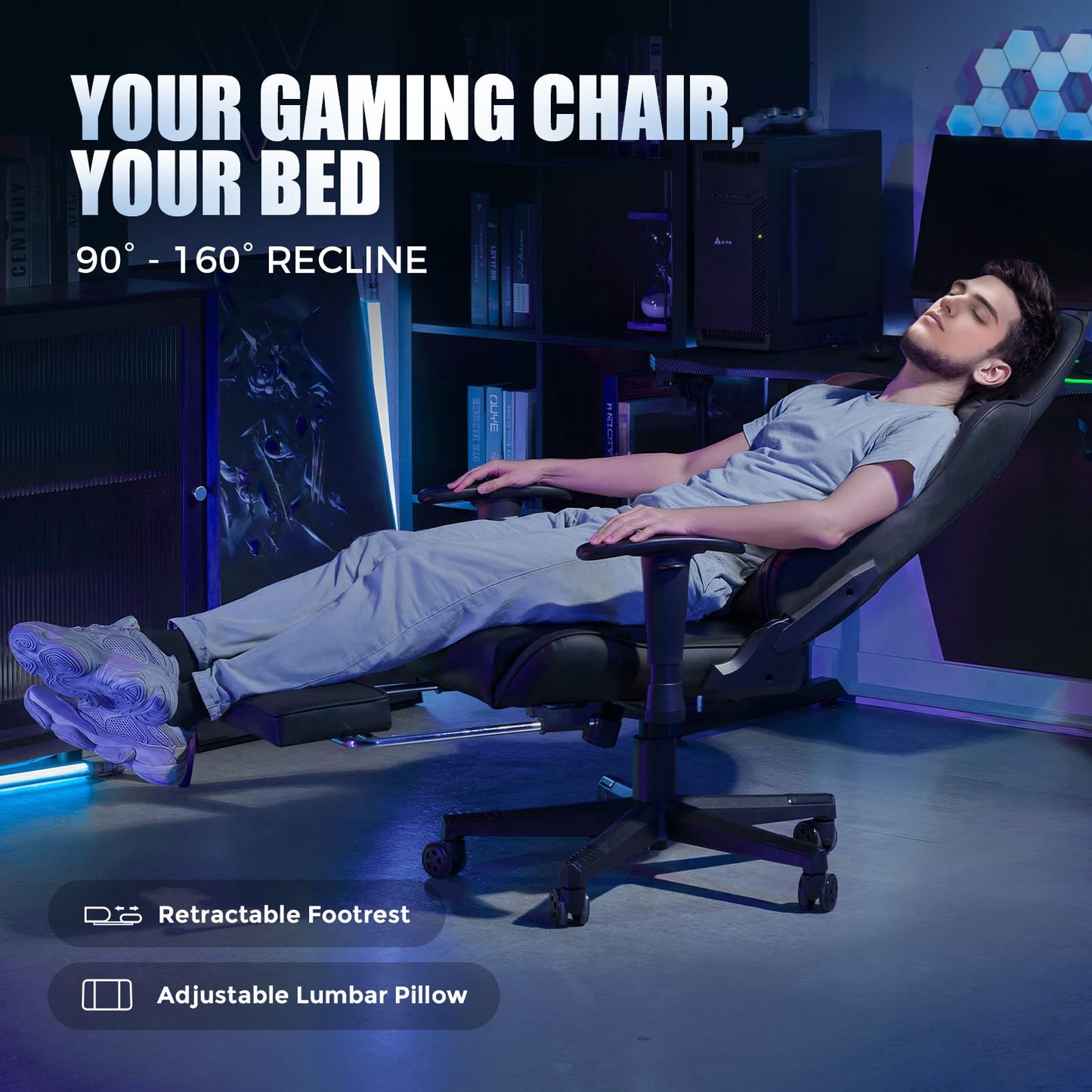 GTRACING Gaming Chair with Footrest, Height-Adjustable 2D Armrests, Racing Style Gamer Chairs for Adults - 160° Reclining Backrest, Computer Game Chair for Office, GT901 (Black)