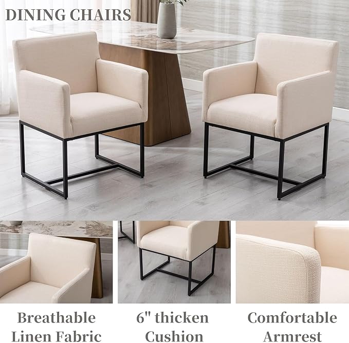 BESTANO Linen Upholstered Dining Chairs with Arms Set of 2 Mid Century Modern Accent Chairs Armchairs with Black Metal Frame, Modern Kitchen & Dining Room Chairs, Cream