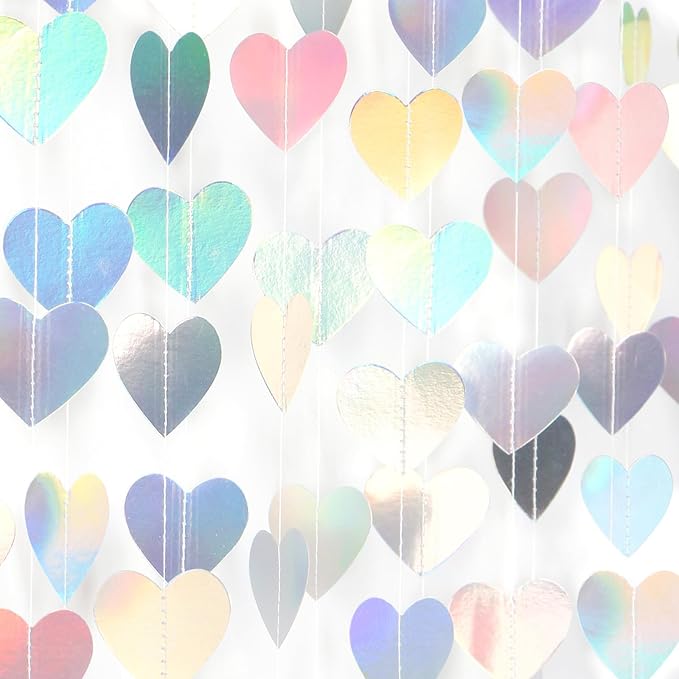 Panduola Iridescent Disco-Holographic Heart Garland - 52Ft Wedding Hanging Decoration Neon Streamers Banner, Perfect for B...