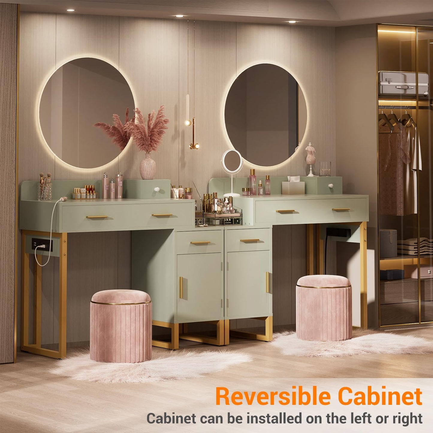 Vanity Desk with 4 Storage Drawers - Modern Makeup Vanity Table with Charging Station, Cyan Vanity Desk with Reversible Cabinet Dressing Table Set with Divided Organizers for Women Girls, Cyan & Gold