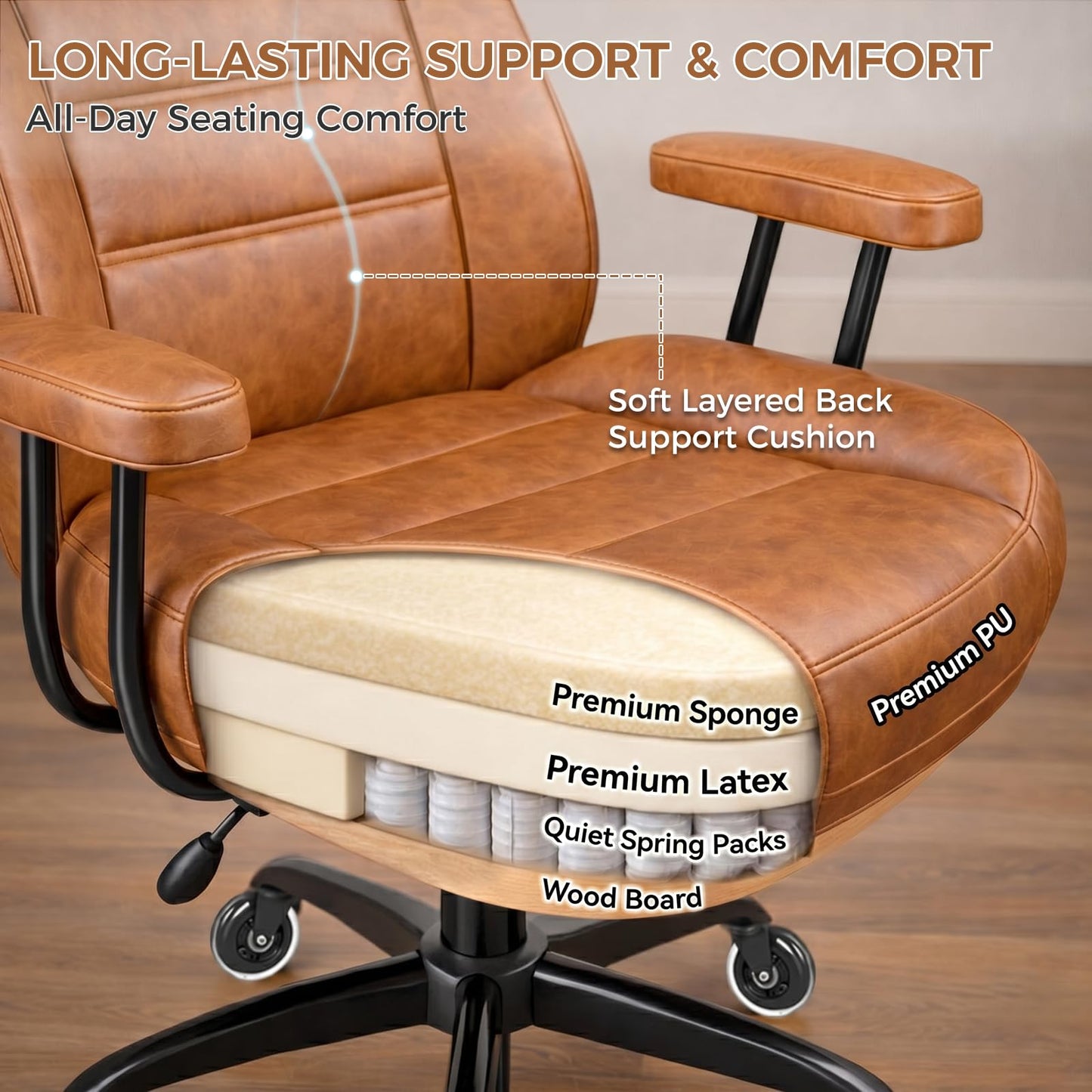 YUNSCEND Brown Leather Office Chair with Quiet Rubber Wheels and Lumbar Support, Mid-Back Ergonomic Desk Chair with Removable Armrests, Height Adjustable Computer Chair for Home Office