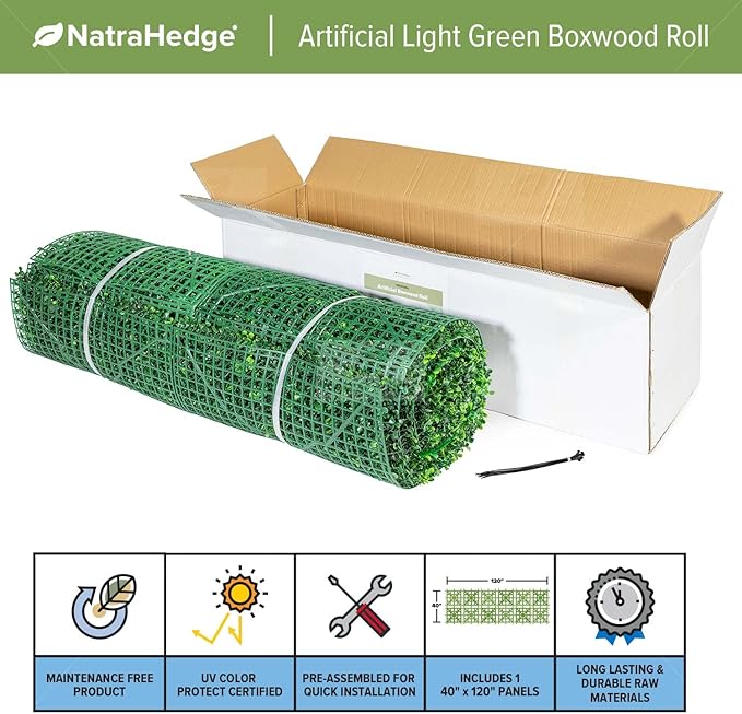 NatraHedge Artificial Boxwood Roll Panels UV Protected for Outdoor Use 33 SQF (Light Green Roll)