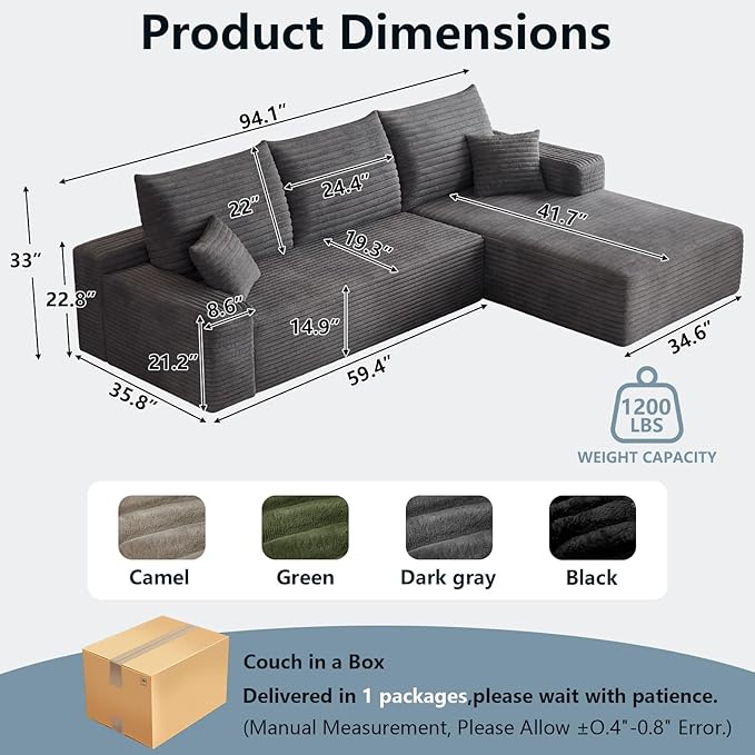 95" Cloud Sectional Couch with L-Shape Chaise, Modern Corduroy Boneless Couch for Living Room,Memory Foam Sofa with Deep Seat,No Assembly Required (Dark Gray,Right-Facing Chaise)