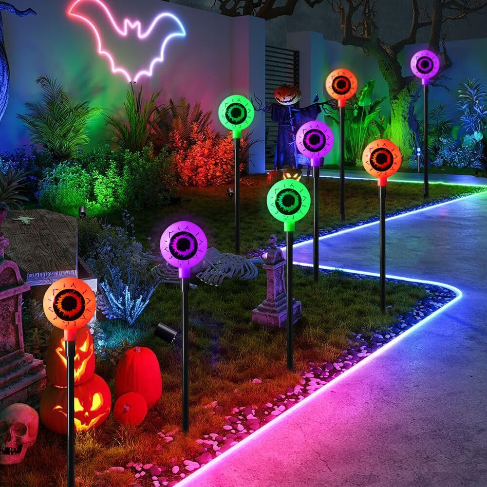 Outdoor Halloween Decorations Set of 6 Solar Garden Lights, Scary Eyeball Solar Landscape Pathway Stake Lights, 8 Modes Waterproof for Halloween Party Home Yard Patio Decorations