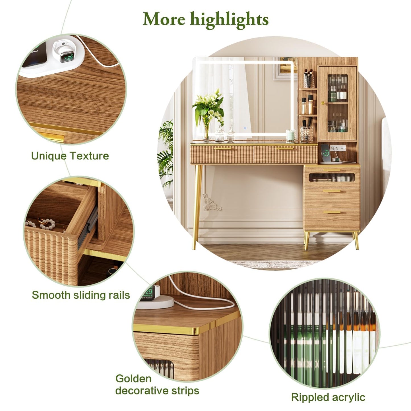 Chrangmay 47.24" Big Modern Vanity Desk with Mirror and Lights,Makeup Vanity Desk with 5 Drawers and Storage Shelves & Power Outlet,Dressing Table with Glass Top, Oak