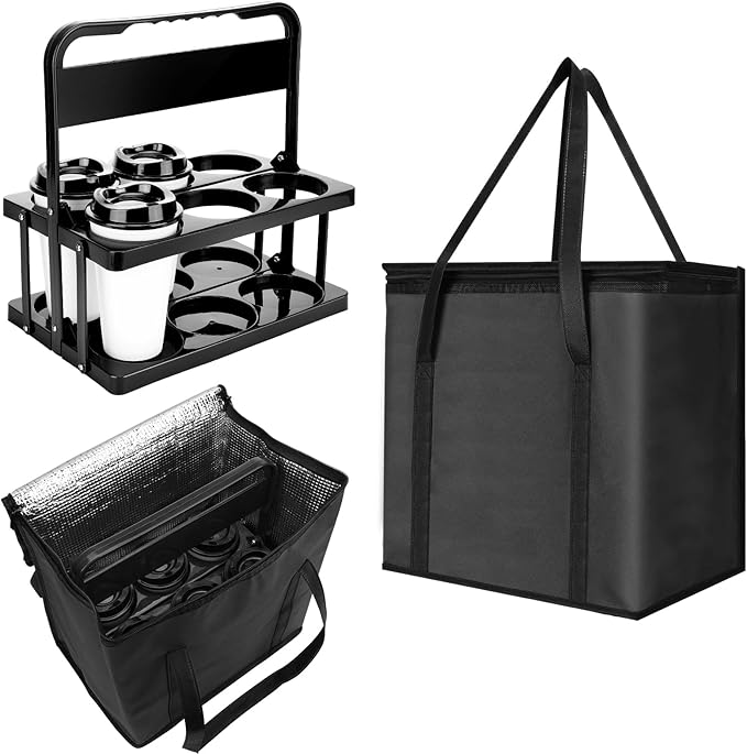 Reusable 6 Cup Drink Carrier with Handle and Insulated Bag for Hot and Cold Drink/Food, Foldable Plastic Cup Holder and La...