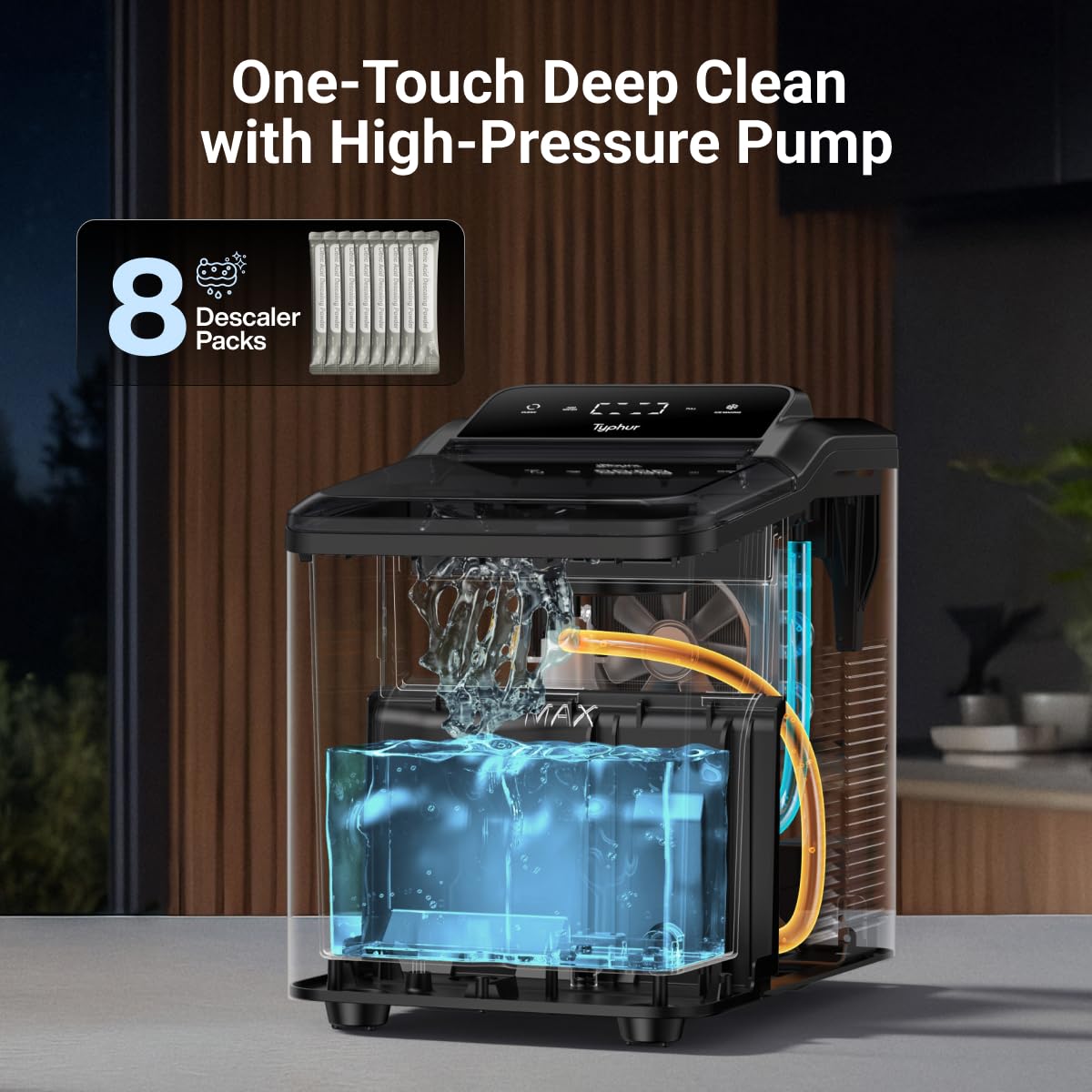 Typhur Fast Nugget Ice Maker Countertop, Chewable Pebble & Pellet Ice Machine with Self-Cleaning Pump & 8-Pack Cleaners, 35lbs/24H Crushed Ice for Kitchen, Bar, RV, Outdoor (Black Stainless Steel)