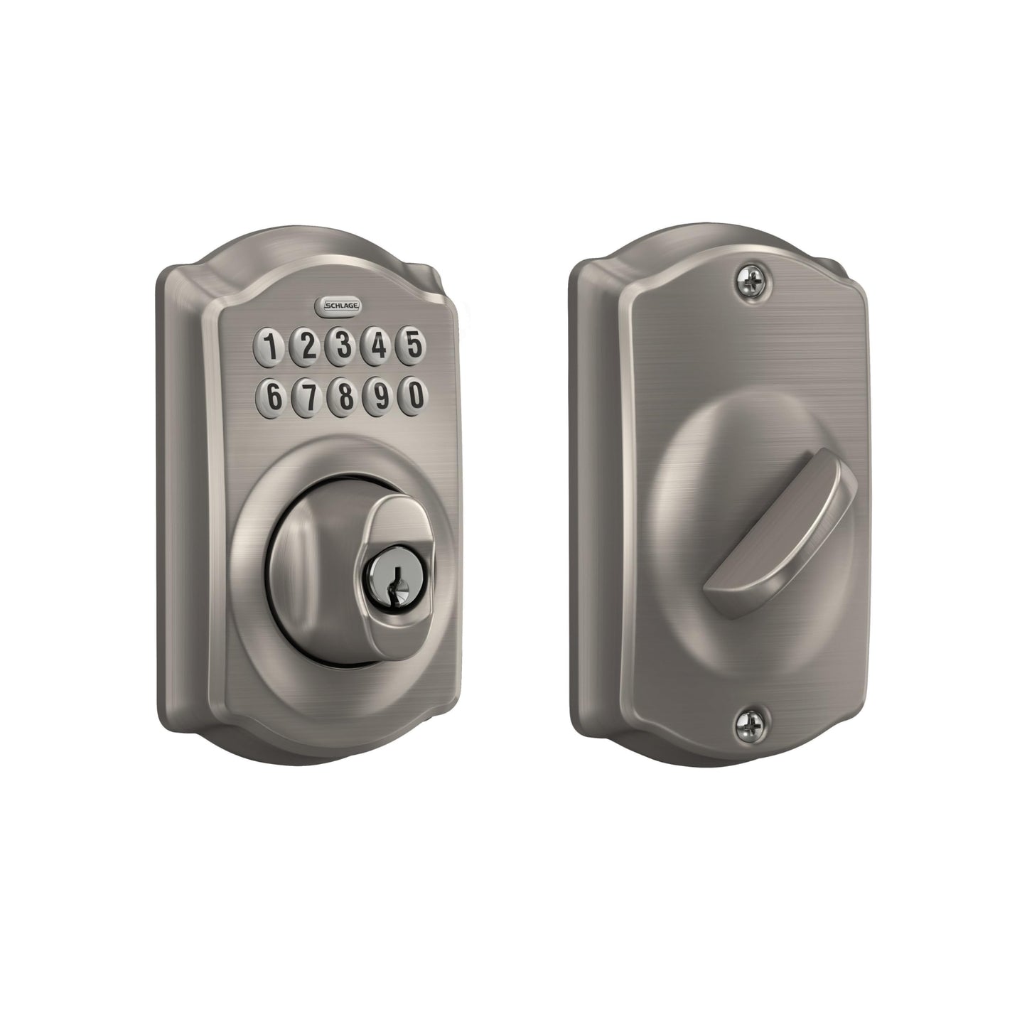 Schlage Camelot Electronic Keypad Deadbolt Lock, Keyless Front Door Entry, Mechanical Key Backup Included, Satin Nickel, BE365 V CAM 619