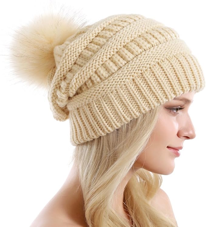 QUEENFUR Women Knit Slouchy Beanie Chunky Baggy Hat with Faux Fur Pompom Winter Soft Warm Ski Cap