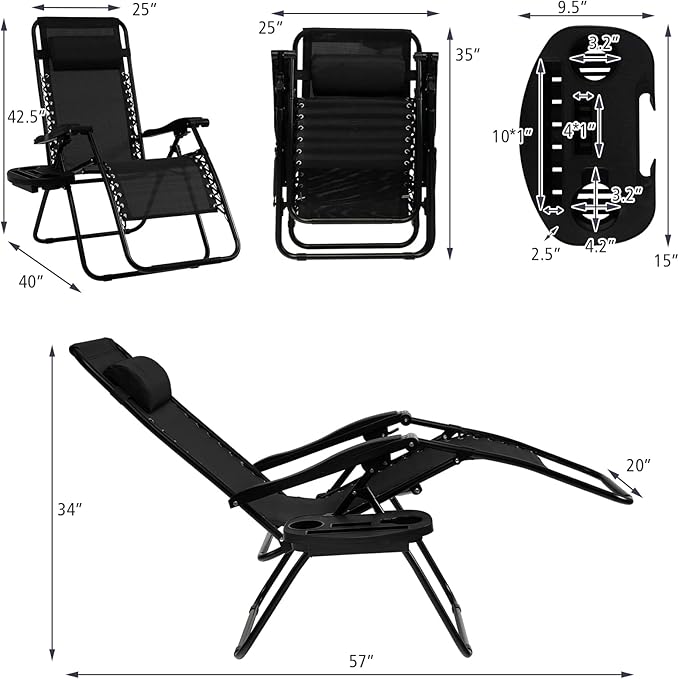 Tangkula Set of 2 Zero Gravity Chair, Folding Patio Lounge Chair Adjustable Outdoor Recliner with Cup Holder, Wide Armrest for Patio Garden Poolside Outdoor Yard Beach, Support 350 lbs (2, Black)