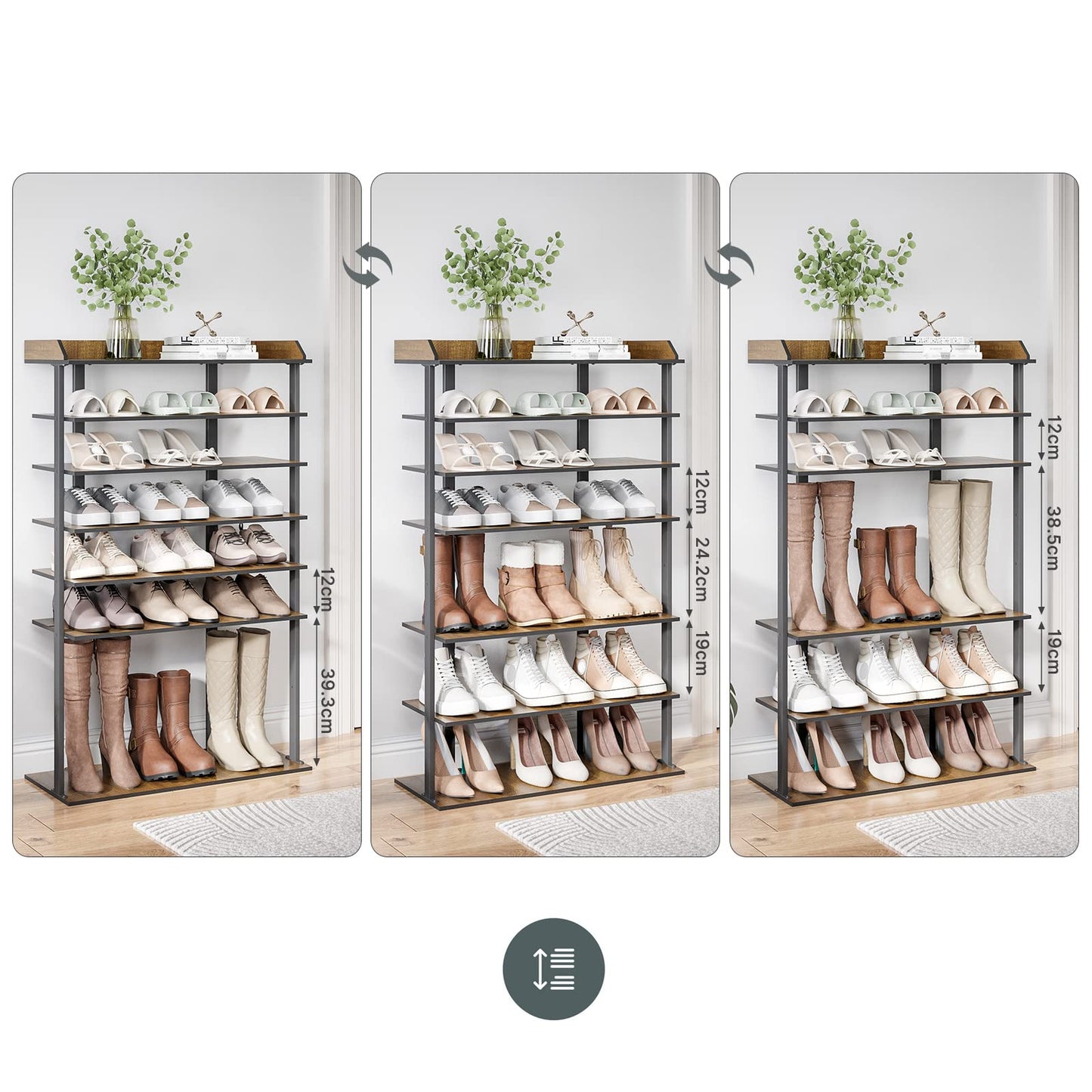 Mondeer Free Standing Shoe Rack, 8 Tier Tall Organizer Shelf for 24 Pairs for Entryway Hallway, Industrial Style Wooden Metal 11" D x 27.6" W x 44.5" H Inches (Rustic Brown)