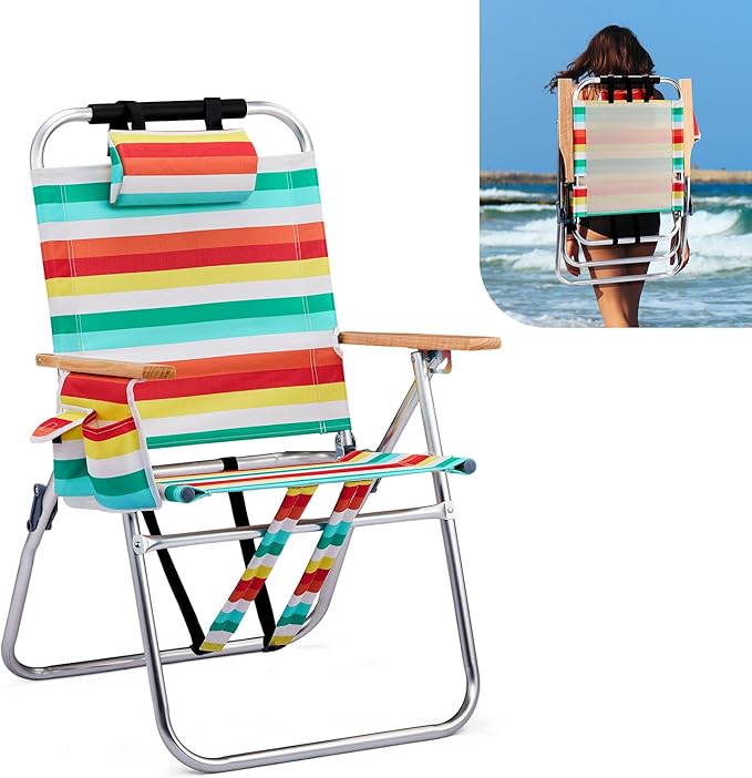 VINGLI Aluminum 17" Backpack Beach Chair – Tall Beach Chairs for Adults, Portable with Adjustable Straps, 3-Position Reclining, Cup Holder, High Lightweight Beach Chairs for Beach
