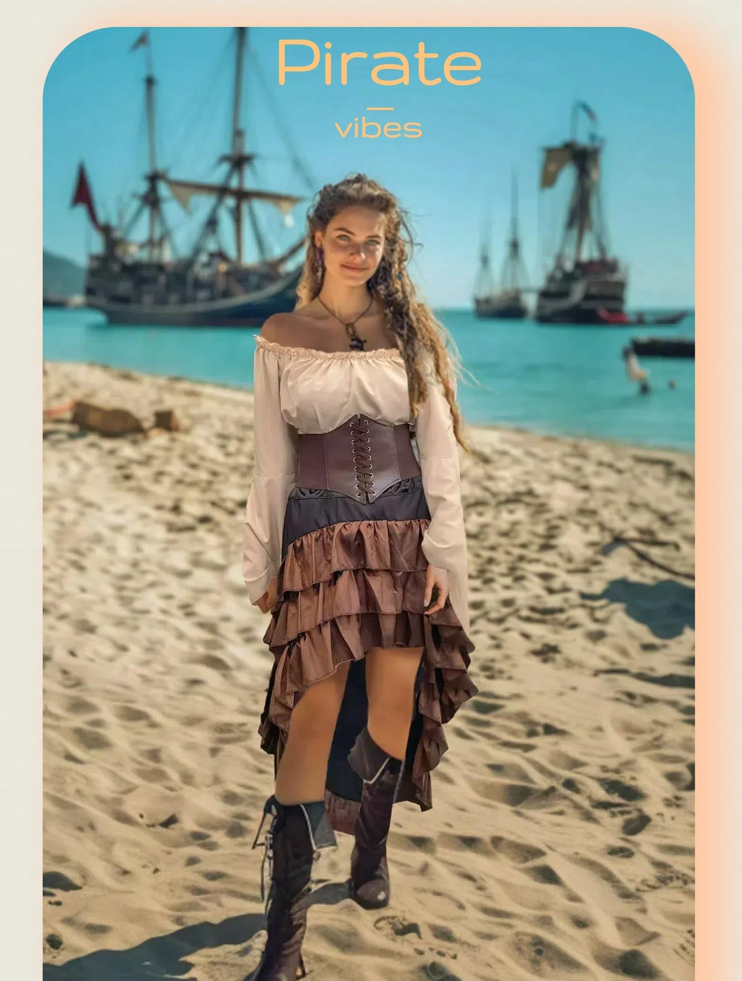 Verceco Pirate Costume Women Outfit with Renaissance Pirate Shirt Skirt Corset Waist Belt Womens Halloween Pirate Costumes (Beige+Brown, M)