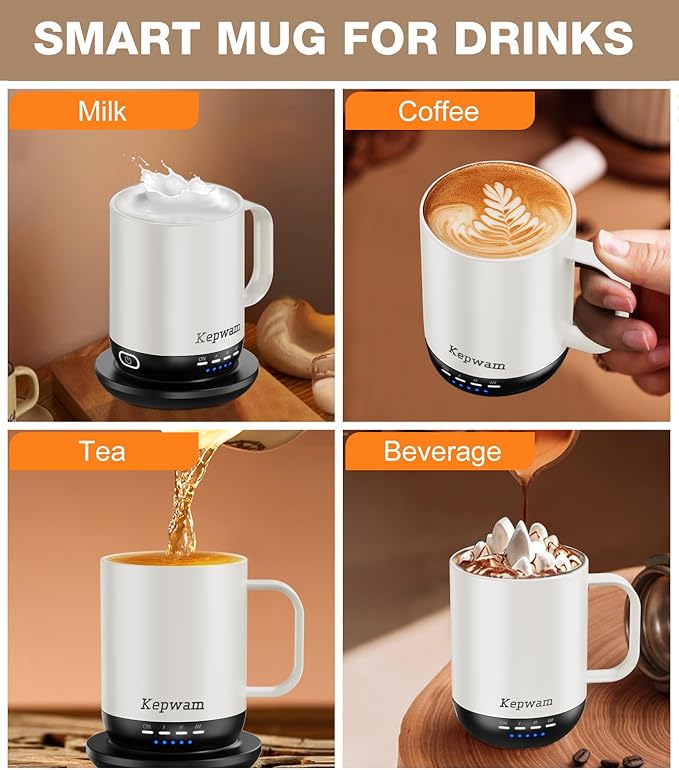 Kepwam Self Heating Coffee Mug T1-16oz Fast Heating & Ultra Long-Lasting Battery Life, Heated Coffee Mug Up to 149℉ - Touch & App Controlled Coffee Mug, Birthday Gifts for Women and Men