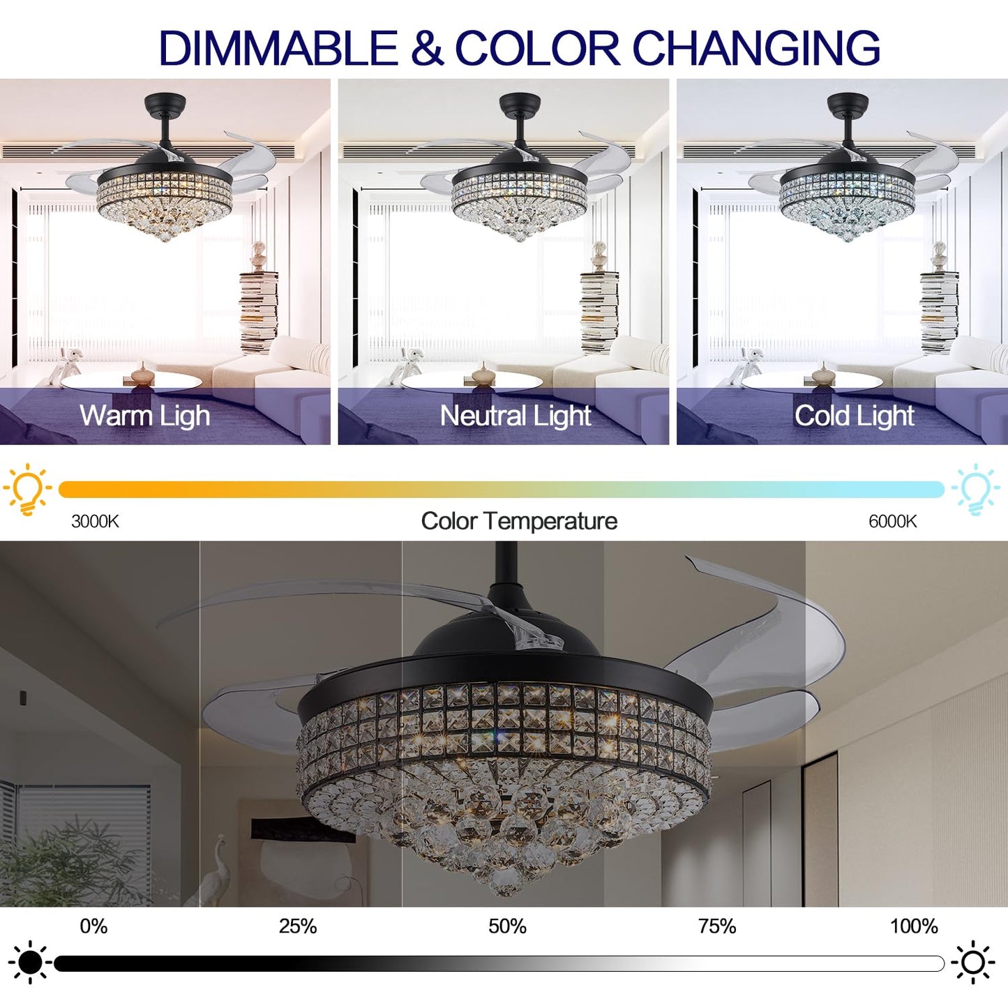 Trsiopfc 48 Inch Dimmable Crystal Fandelier Ceiling Fans With Light,Chandelier Fan With Remote Control For Bedroom/Living Room,P
