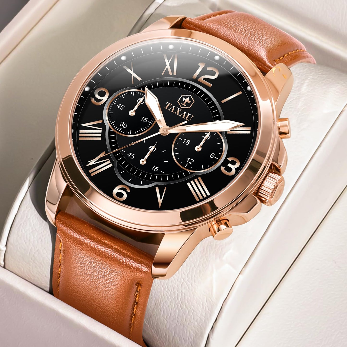 Taxau Mens Watches Waterproof Leather Watches for Men Classic Chronograph Men's Dress Watch Casual Business Analog Quartz Mens Wrist Watch Brown Band with Date Luminous