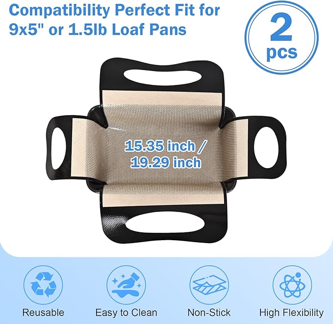 2-Pack Reusable Silicone Bread Sling for Sourdough – Non-Stick, Heat-Resistant Baking Mat with 4 Handles, Easy-Release Oven Liner Fits 9x5" or 1.5lb Loaf Pans