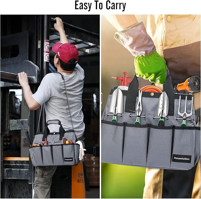 Housolution Garden Tote Bag, 900D Gardening Tool Bag, Garden Tote Storage Bag with Pockets & Long Adjustable Shoulder Strap, Home Tools Organizer Garden Tool Kit Holder, Standable, 14 Inch, Gray