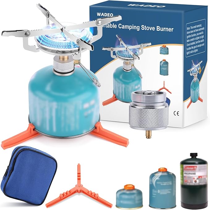 WADEO Portable Camping Stove Burner, Backpacking Stove with 1LB Propane Tank Adapter, Fuel Can Canister Stand and Carry Ca...