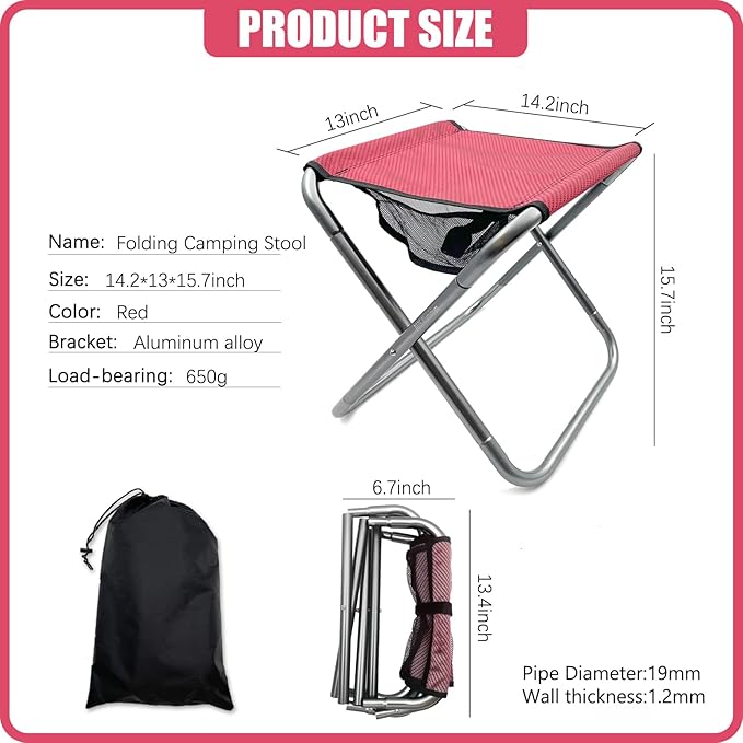 XHKDSYMC Folding Camping Stool, 16 Inch Tall Portable Folding Stool Aluminum Alloy Lightweight Stool Seat Red Foldable Stool with Carry Bag for Fishing Outdoor Camping Hiking and BBQ