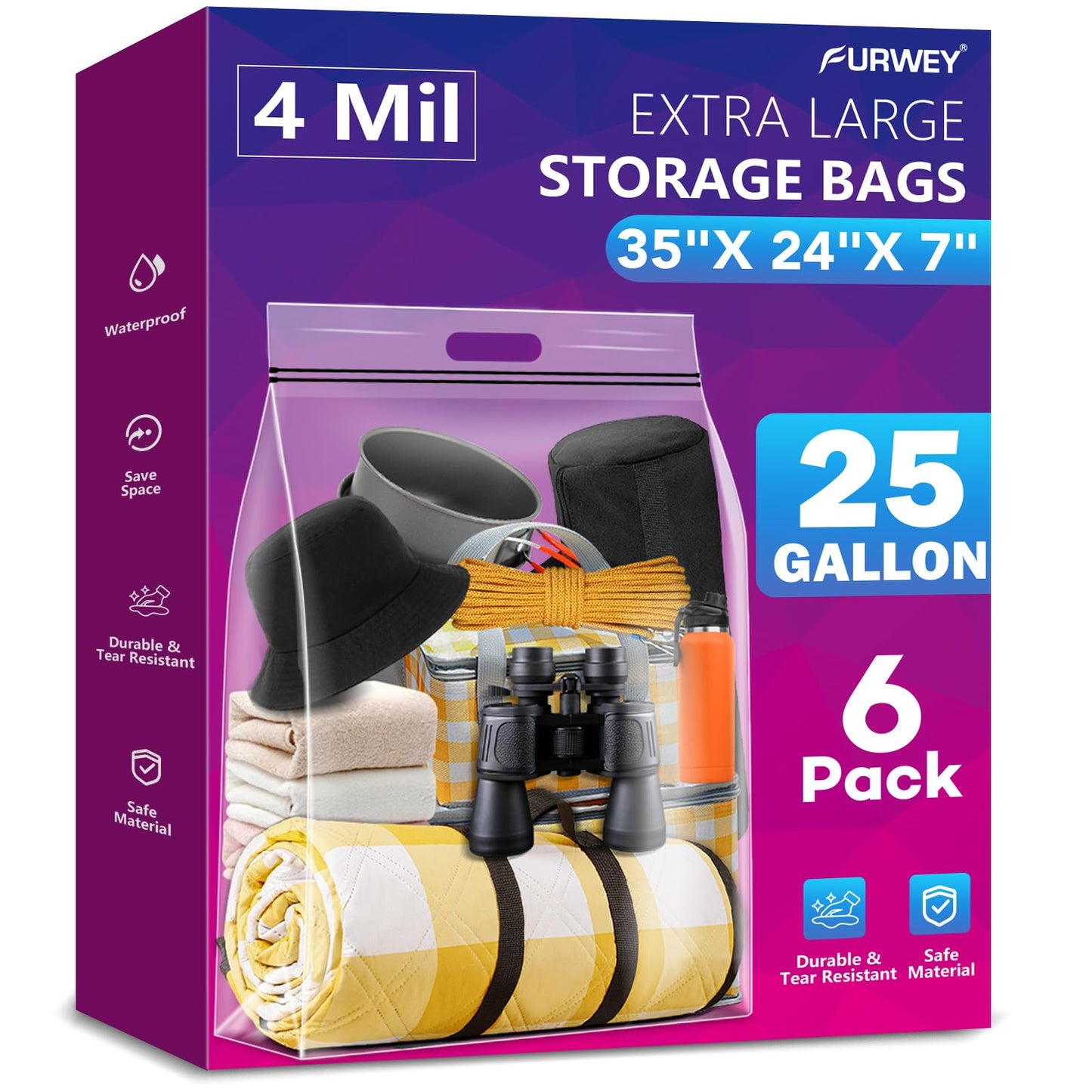 FURWEY 25 Gallon Extra Large Storage Bags 35”x 24”Resealable Clear Bags with Handle 4 Mil Thick Heavy Duty Big Bag for Clothes Pillow Travel Moving,Bedding,Shoes and Toys Storage, Pack of 6