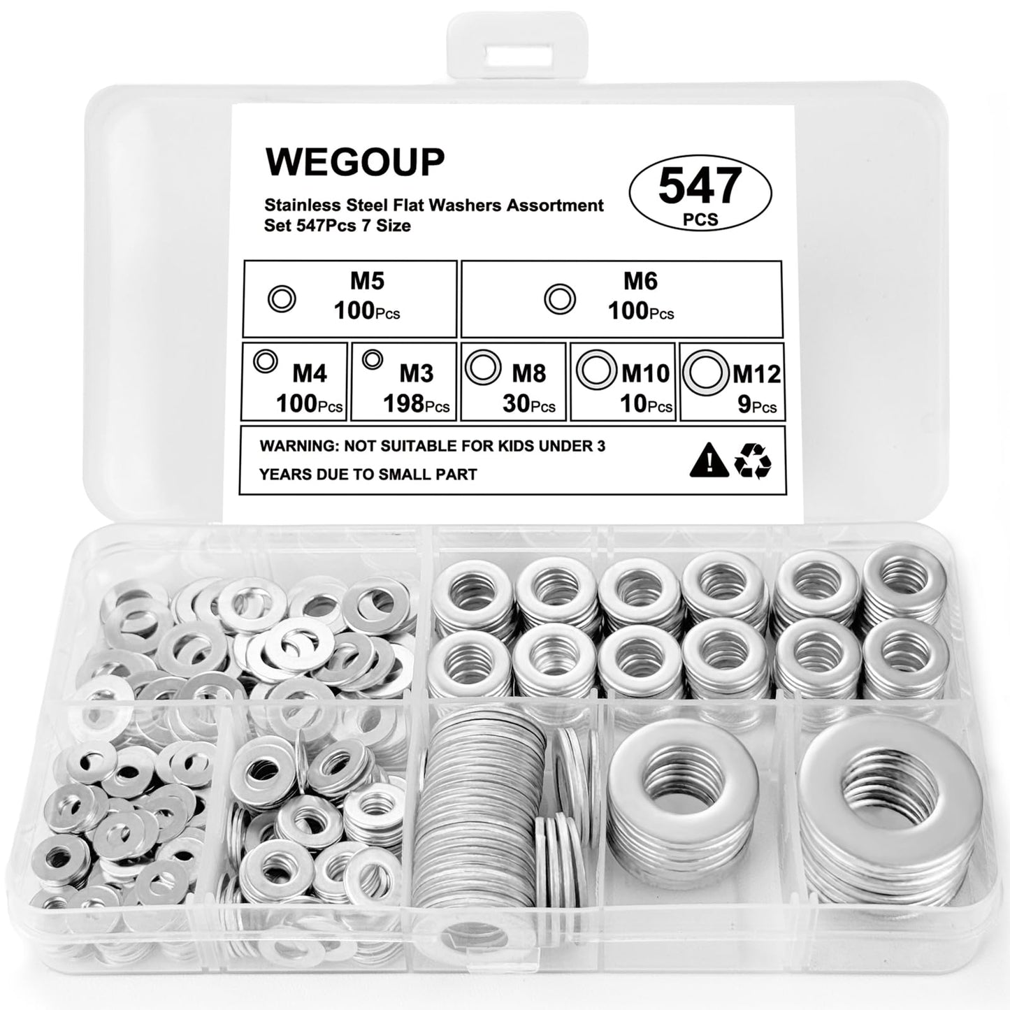 Kviceo Stainless Steel Flat Washers Assortment, 18-8 (304) Stainless Steel Metric Washers, 547-Piece Set (M3, M4, M5, M6, M8, M10, M12) with Plastic Storage Case