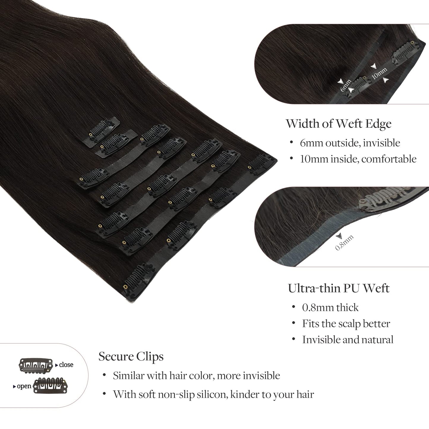 MAXITA Clip in Human Hair Extensions, 16 Inch 130g 7pcs Dark Brown, Seamless Real Remy Natural Straight