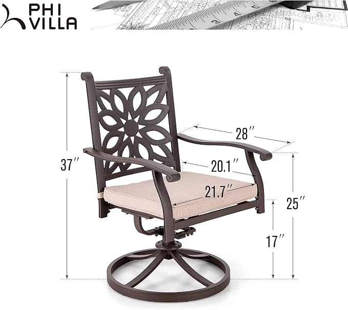 PHI VILLA Cast Aluminum Outdoor Patio Swivel Dining Chairs, Extra Wide Armrest Chairs with Seat Cushion, Casting Aluminum Back for All Weather, Set of 4