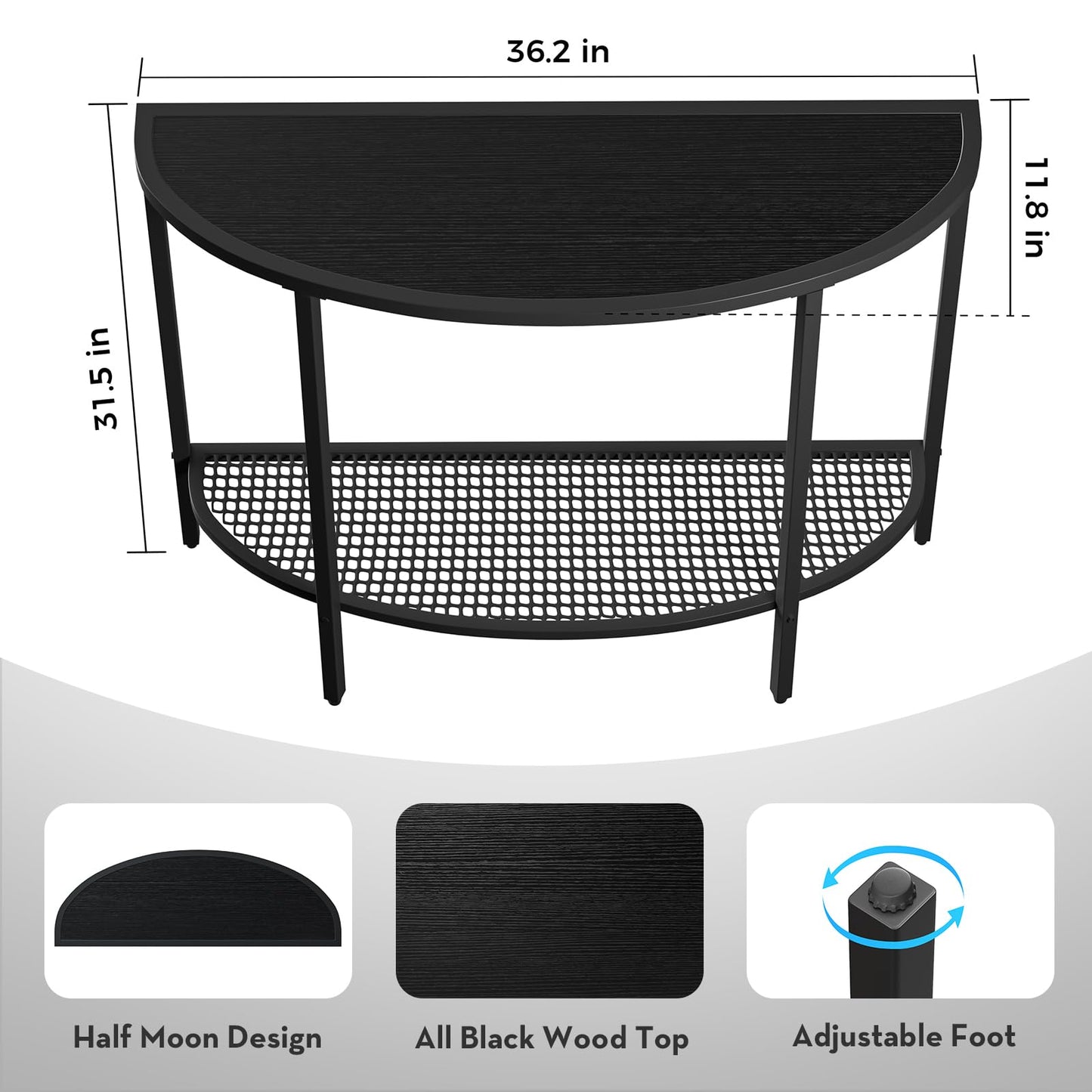 SAYGOER Black Half Moon Console Table 2 Tier Narrow Entryway Table with Storage Modern Couch Table Small Entry Way Tables, Easy Assembly, All Black