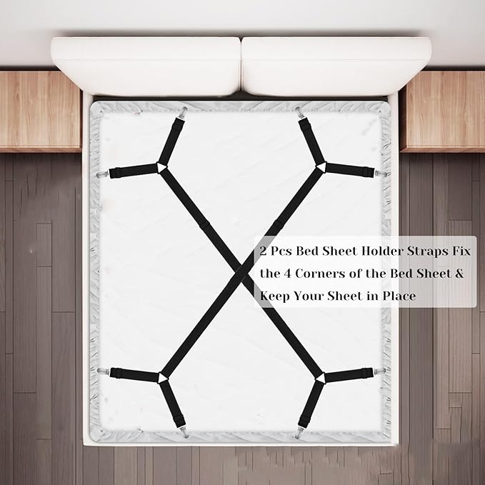 Bed Sheet Holder Straps, 2 Pcs Adjustable Mattress Sheet Clips, Bed Sheet Fasteners Elastic Sheet Suspenders to Keep Bed Sheet in Place for Different Beds (X-Black)