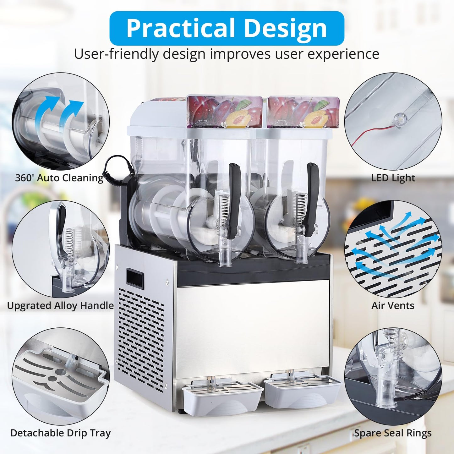 15L Dual-Tank Stainless Steel Slushy Machine, 700W Frozen Drink Maker with Auto-Clean Feature, Suitable for Restaurants, Bars, and Home Use, White