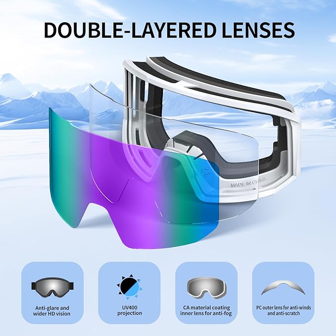 Ski Goggles for Men Women, OTG Snow Goggles, UV Protection Snowboard Goggles for Adult & Youth, Snowmobile, Sledding