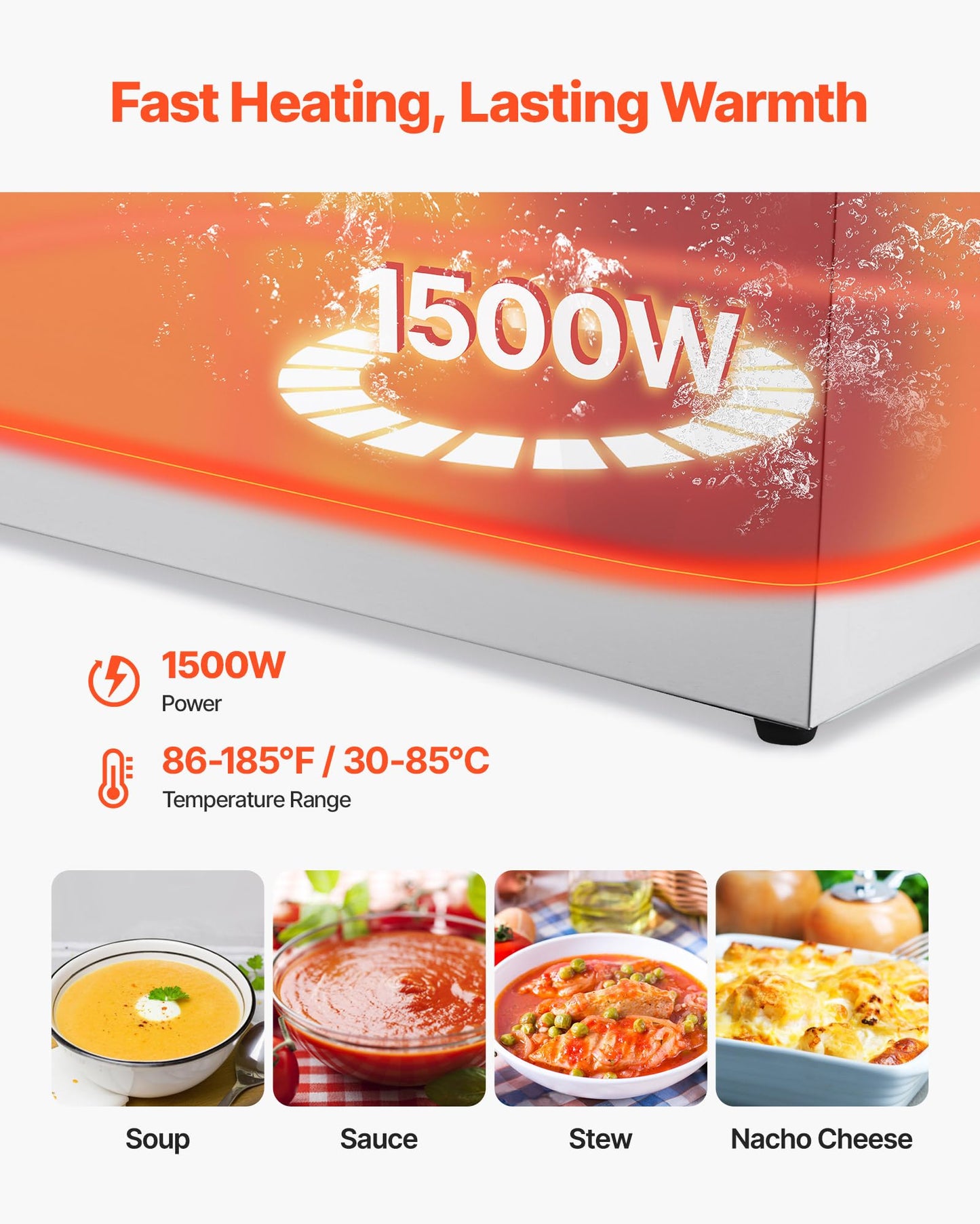 VEVOR Commercial Food Warmer, 1500W Electric Stainless Steel Steam Food Warmer, Fast Heating Countertop Buffet Bain Marie with Four 1/3 Size Food Pans, for Catering, Restaurants, Parties & Buffets