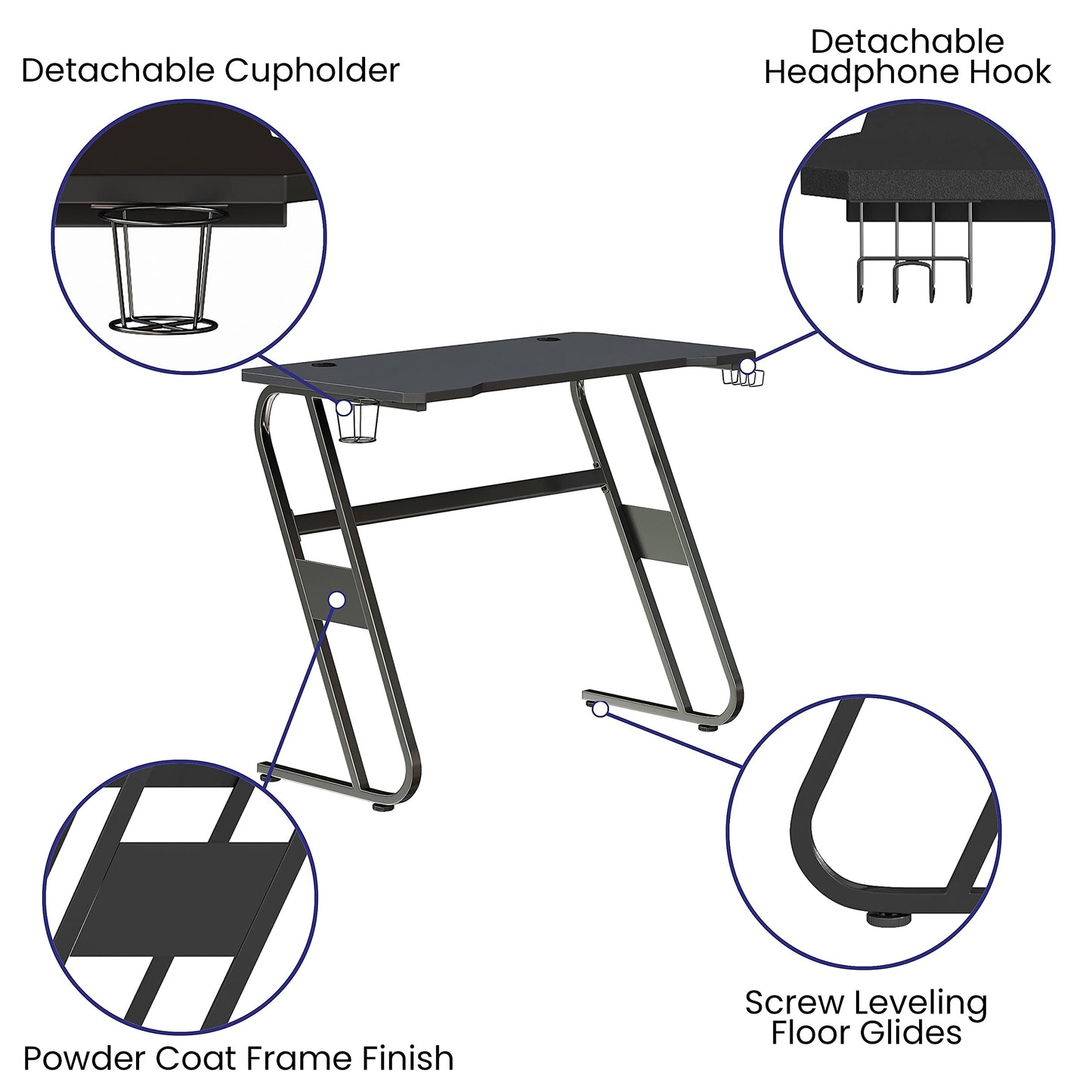 Flash Furniture Fisher Gaming Desk - Black Ergonomic Computer Desk - 51.5" Gamers Table with Cup Holder and Headphone Hook