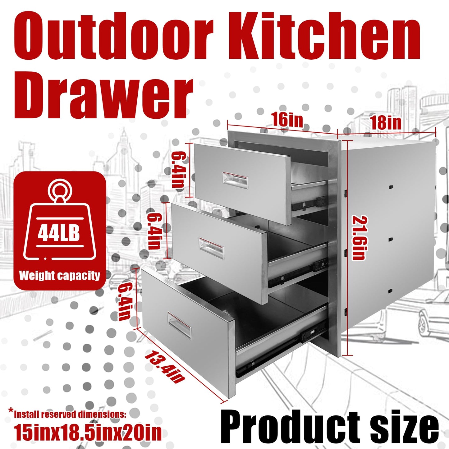 Fsehyue Outdoor Kitchen Triple Layer Drawer 16'' W x 21.6'' H x 18'' D Flush Mount BBQ Access Drawers Stainless Steel BBQ Island Drawers with Handle Suitable for Outdoor Kitchen Island Grill Station
