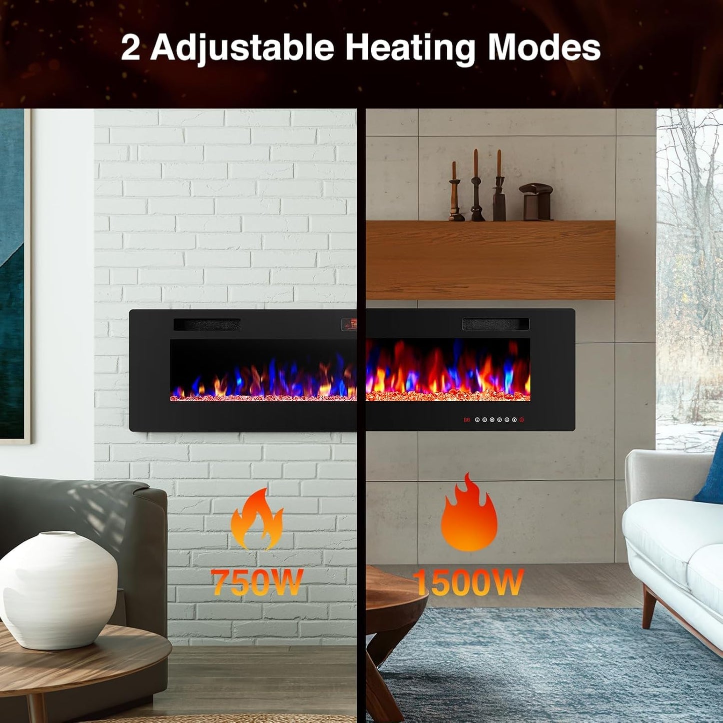 ZAFRO 42" Electric Fireplace with Remote Ultra-Thin & Quiet Wall-Mounted Recessed Heater, Adjustable 12-Color Flame, Brightness & Speed