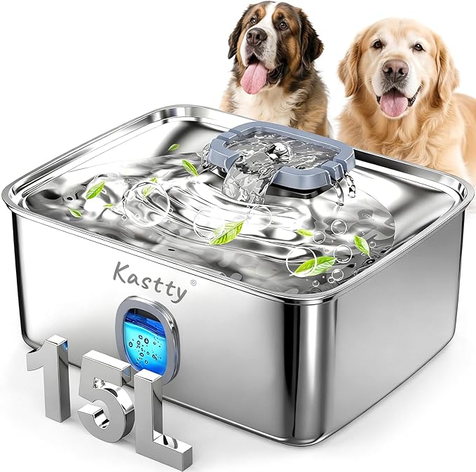 Kastty 4 Gal Dog Water Fountain for Large Dogs,15L Stainless Steel Dog Water Bowl Dispenser Triple Filtration,Ultra Quiet ...