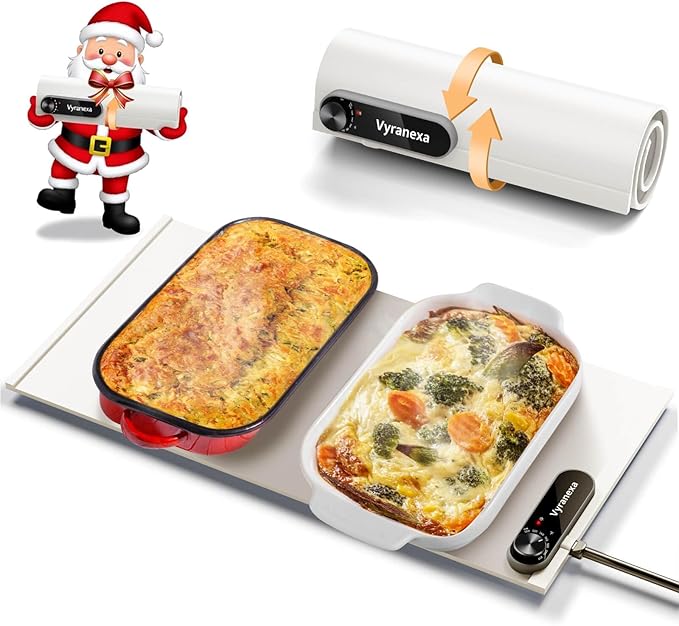 Warming Mat for Food - Space-Saving, Fits Two Baking Dishes, 7 Temp Settings, 4h Auto Shut-Off, Durable Silicone Surface, Easy to Clean, Perfect for Parties and Everyday Use (White, Medium)