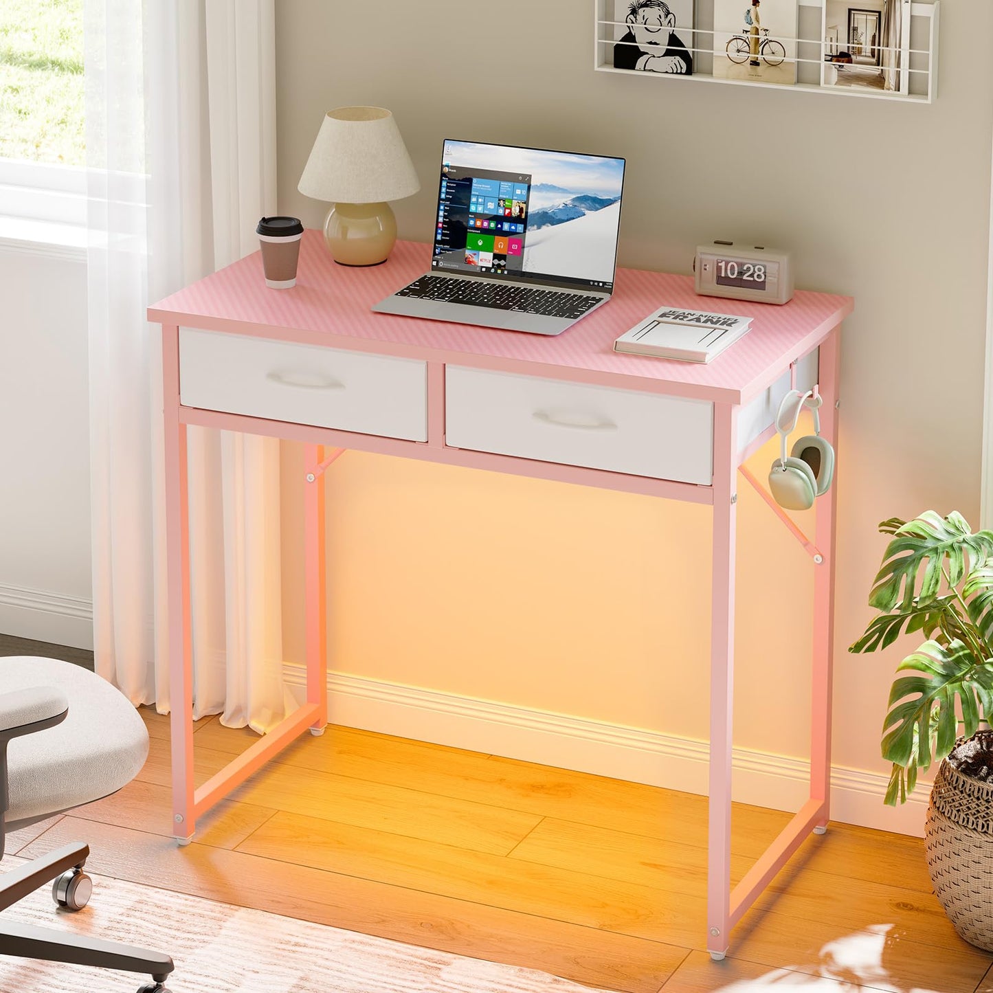 Pinmoco Small Desk with 2 Fabric Storage Drawers, Vanity Desk with LED Light, Home Office Computer Desk for Bedroom Small Spaces, Adjustable Feet, Pink
