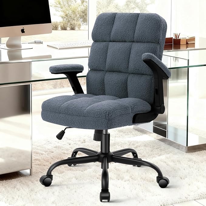 SEATZONE Blue Office Chair with Wheels,Ergonomic Home Office Computer Chair with Flip-up Armrest,Comfy Adjustable Rolling Chair Teddy Fleece