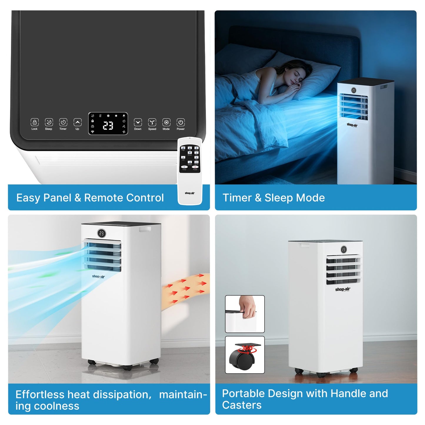 Shop-Air 10,000 BTU Portable Air Conditioner for Rooms up to 430 Sq. Ft, 3-in-1 Portable AC Unit for Rooms with Remote Control, Fast Cooling, Dehumidifier, Quiet Sleep Mode, Window Kit Included