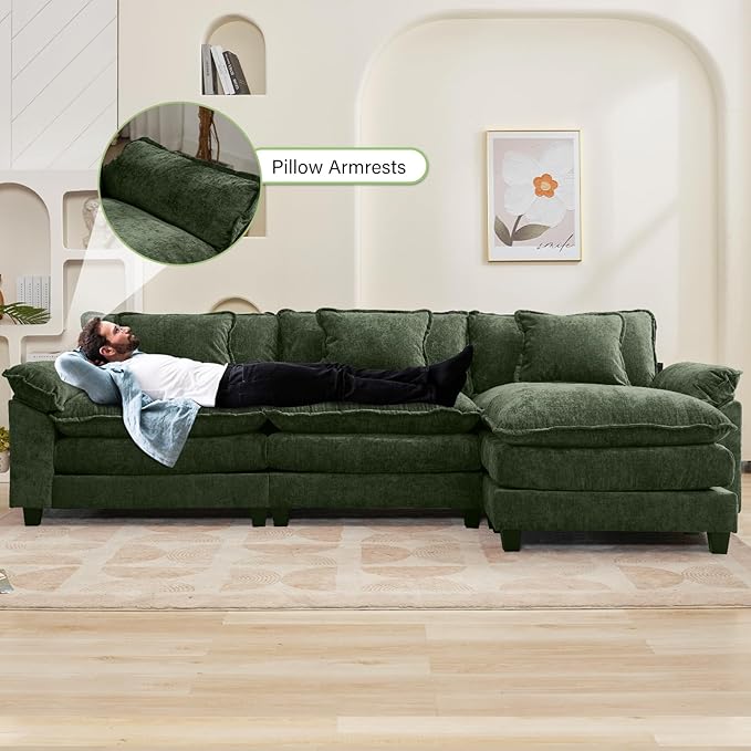 Oprisen 120" Modular Sectional Sofa, Comfy Cloud Couch Sectional Sofa with Ottoman, Chenille Sofa Sleeper Deep Seat Sofa with Throw Pillows for Living Room (Green, 120"- L Shape)