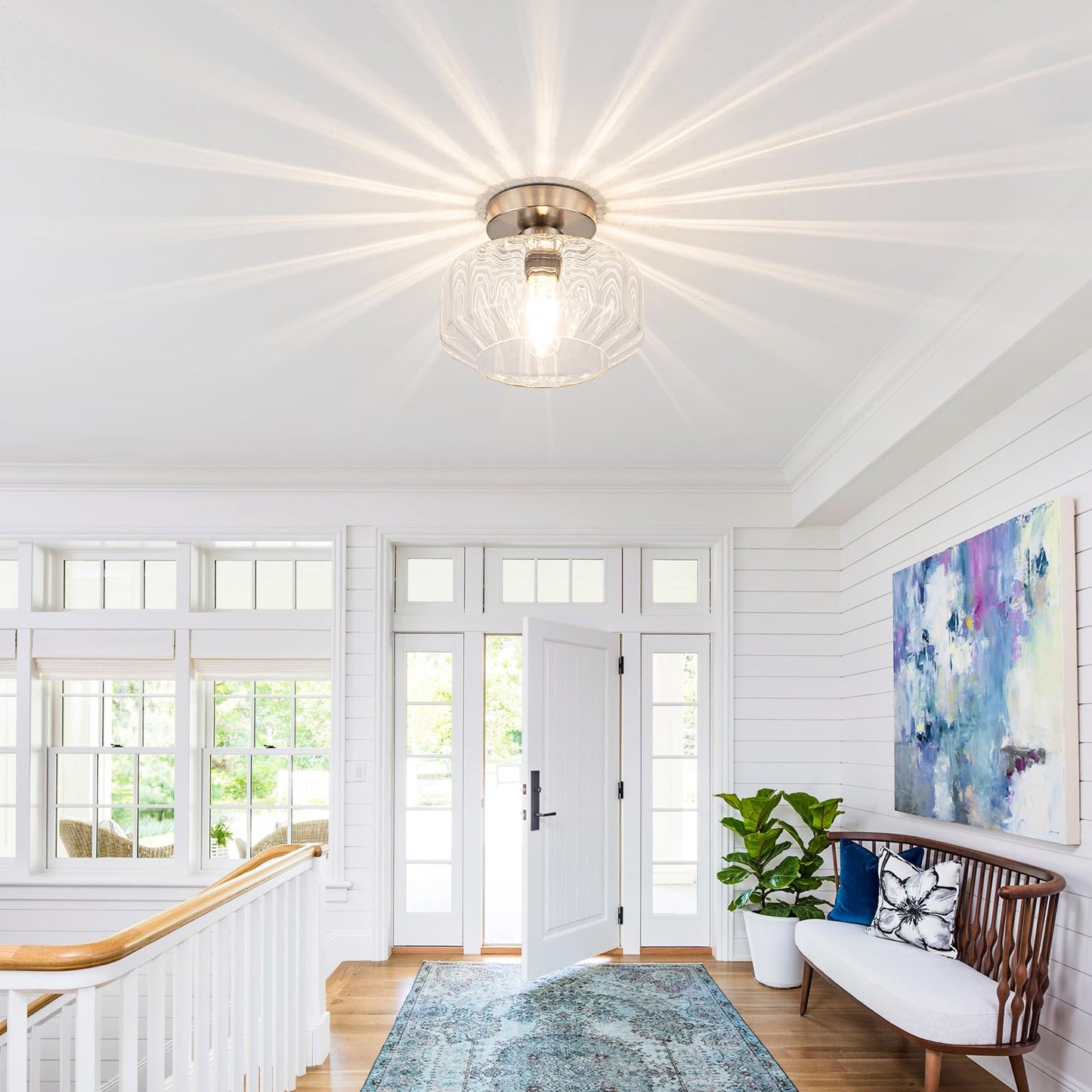 Tbaoinla Brushed Nickel Semi Flush Mount Ceiling Light Fixture with Textured Glass & Included 1200 Lumens LED Bulbs, Modern Hallway & Bathroom Light for Entryway, Kitchen, Laundry Room