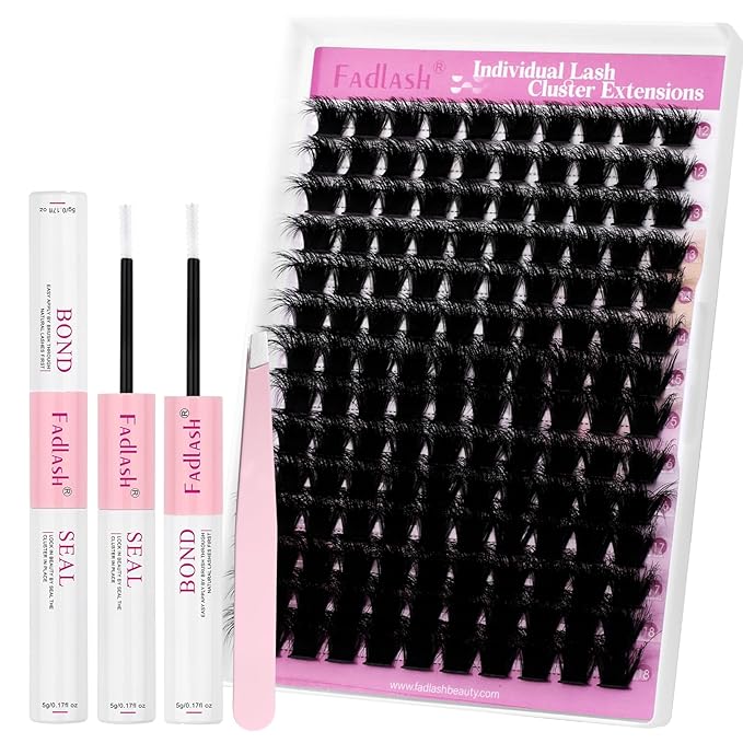 FADLASH Lash Extension Kit 200D Lash Cluster Kit DIY Eyelash Extension Kit with Lash Bond and Seal Lash Tweezers Natural Cluster Lashes Kit Individual Lashes 3D Effect (KIT, 200D-3D-07D-12-18mm)