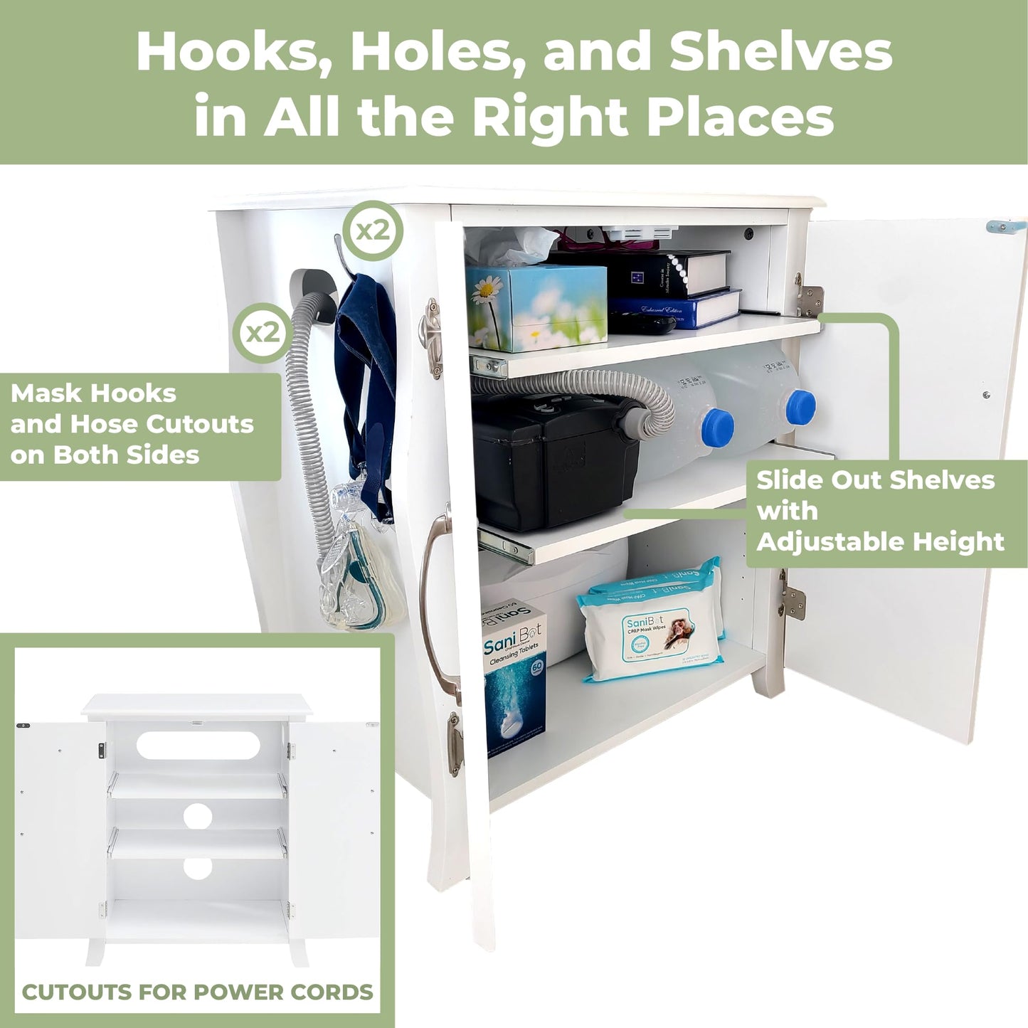 Northwood Calliger Bedroom CPAP Nightstand with Drawers for CPAP Accessories & Machine - Sleek Wooden Night Stand with CPAP Hose Holder Bed Side Table with Storage (White)