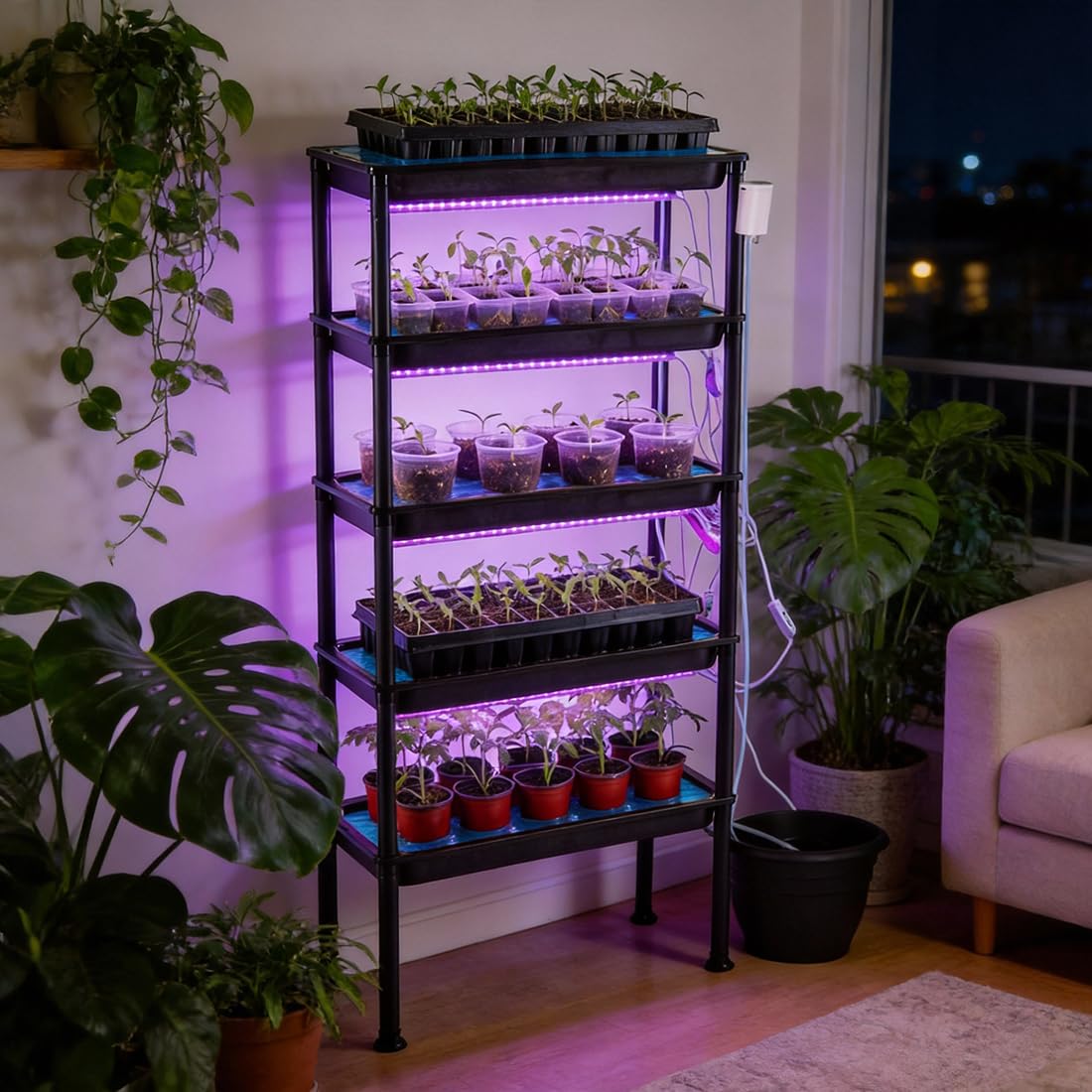 RooTrimmer 5-Tier Hydroponics Growing System, Plant Stand with Grow Lights & Pump - Ebb and Flow Seedbeds, Siphoning Watering, Designed for Nursery Cell Trays, Plant Pots